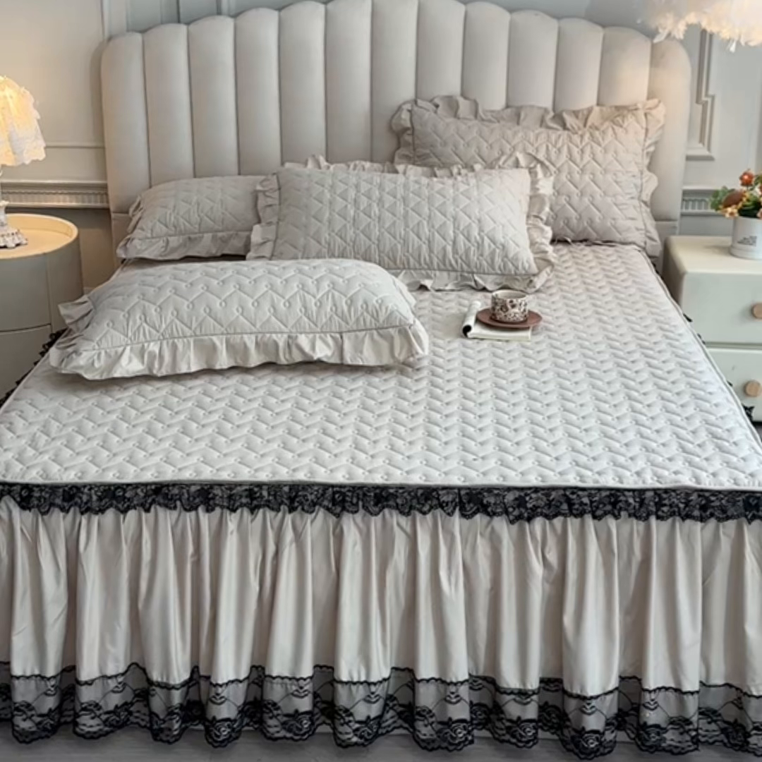 91家纺网 家纺一手货源 找家纺 笠裙家纺 2025新款蕾丝水洗棉夹棉加厚单床裙-繁星 繁星-浅咖