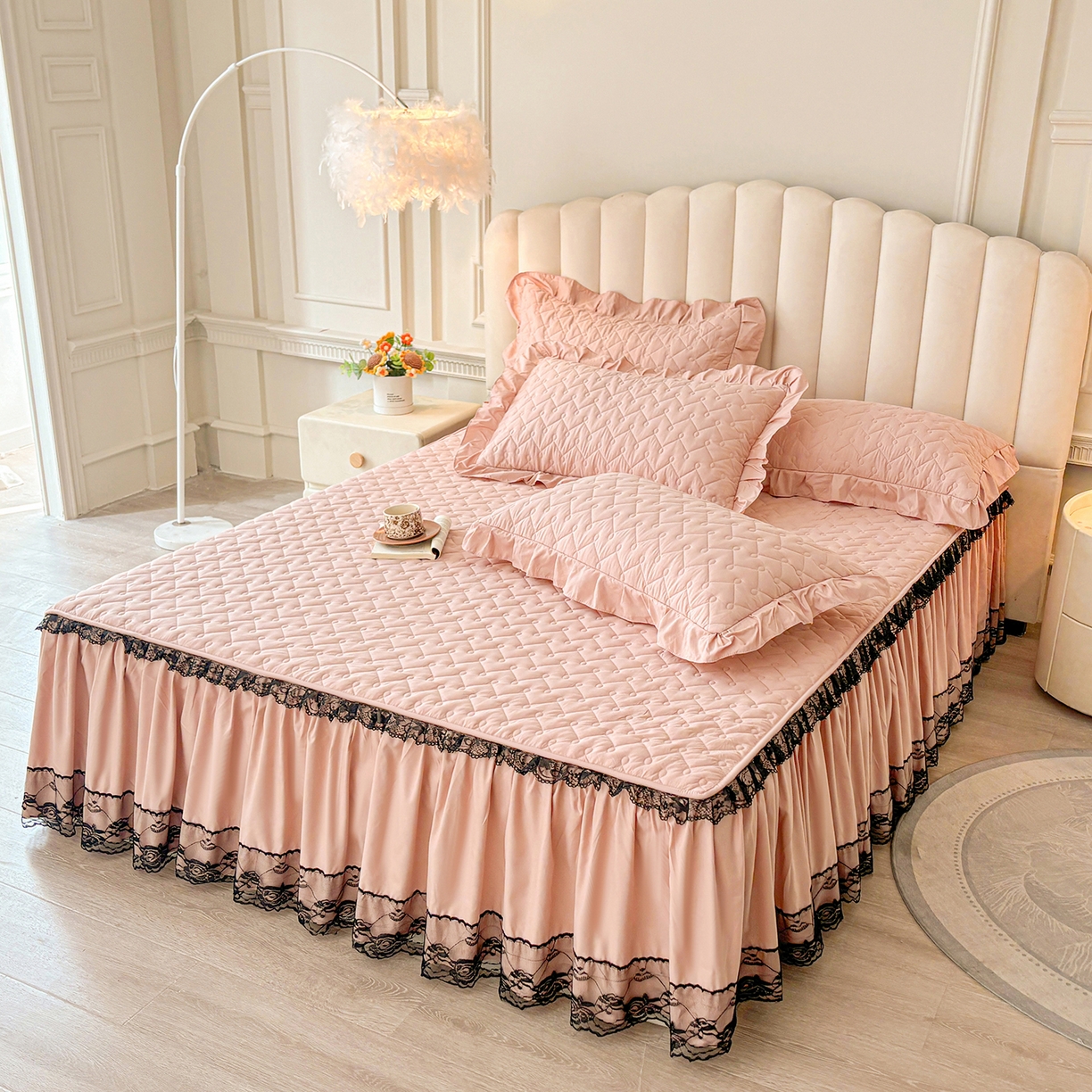 91家纺网 家纺一手货源 找家纺 笠裙家纺 2025新款蕾丝水洗棉夹棉加厚单床裙-繁星 繁星-豆沙