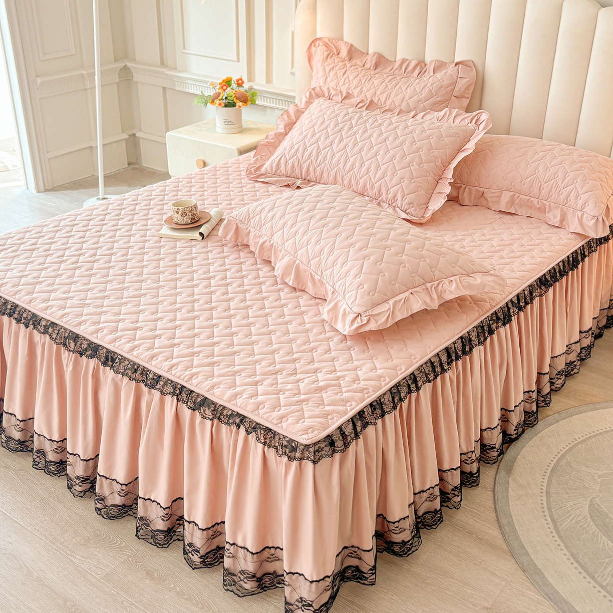 91家纺网 家纺一手货源 找家纺 笠裙家纺 2025新款蕾丝水洗棉夹棉加厚单床裙-繁星 繁星-豆沙