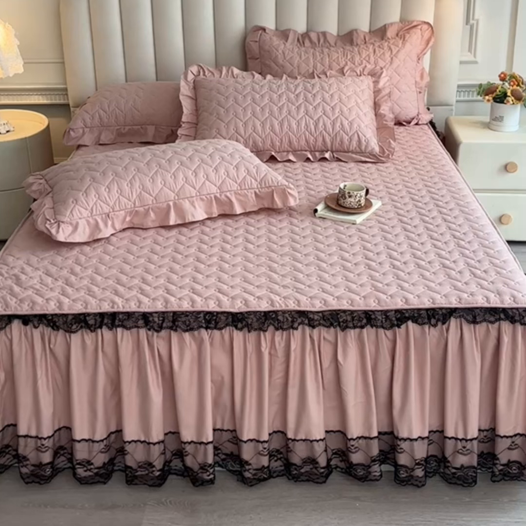 91家纺网 家纺一手货源 找家纺 笠裙家纺 2025新款蕾丝水洗棉夹棉加厚单床裙-繁星 繁星-豆沙