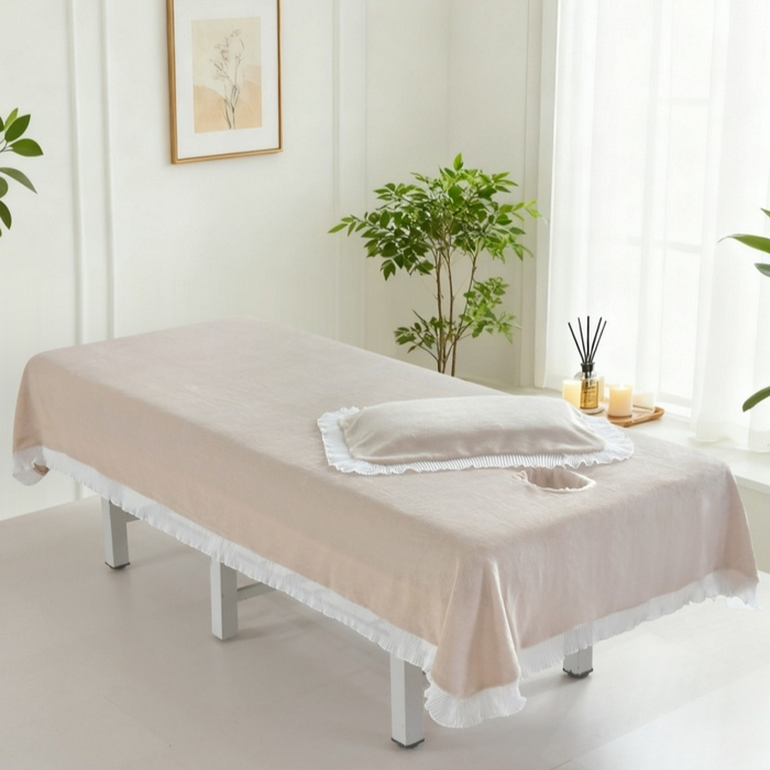 91家纺网 家纺一手货源 找家纺 （总）千姿坊 2025新款秋冬加厚牛奶绒纯色美 容床床单两件套有洞单件床罩