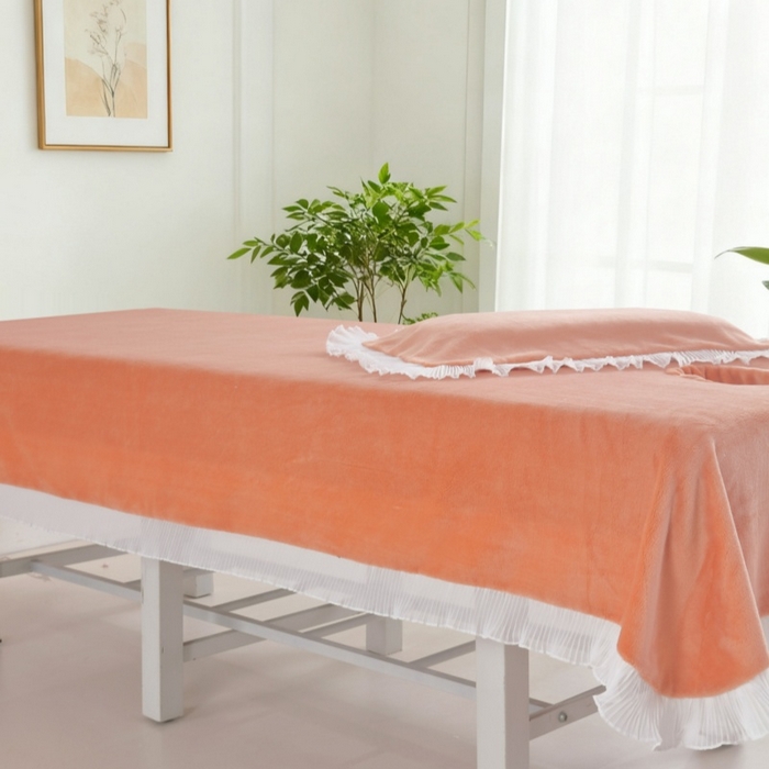 91家纺网 家纺一手货源 找家纺 （总）千姿坊 2025新款秋冬加厚牛奶绒纯色美 容床床单两件套有洞单件床罩