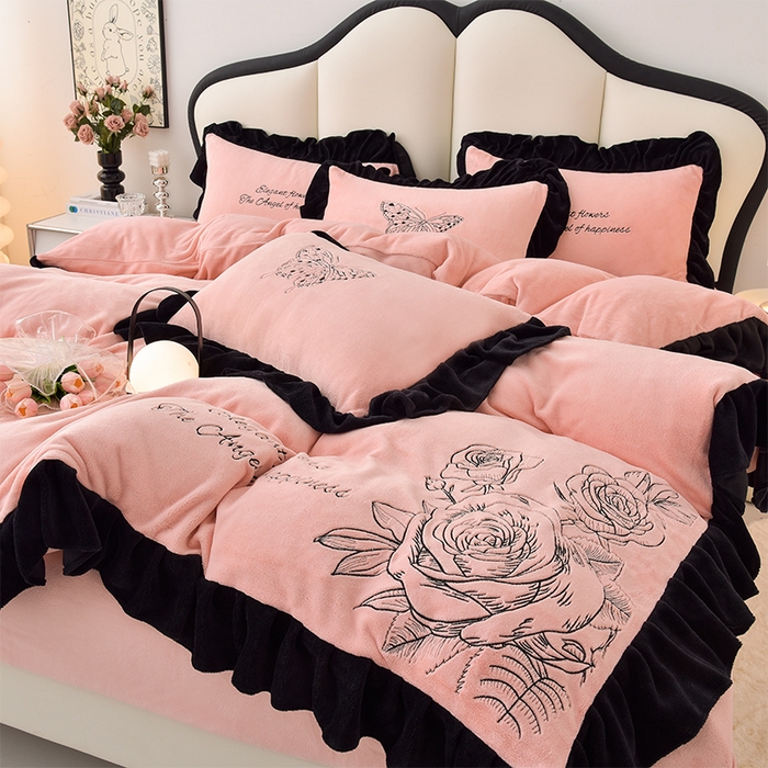 （总）炫拼家纺 2024新款法式牛奶绒刺绣花边四件套