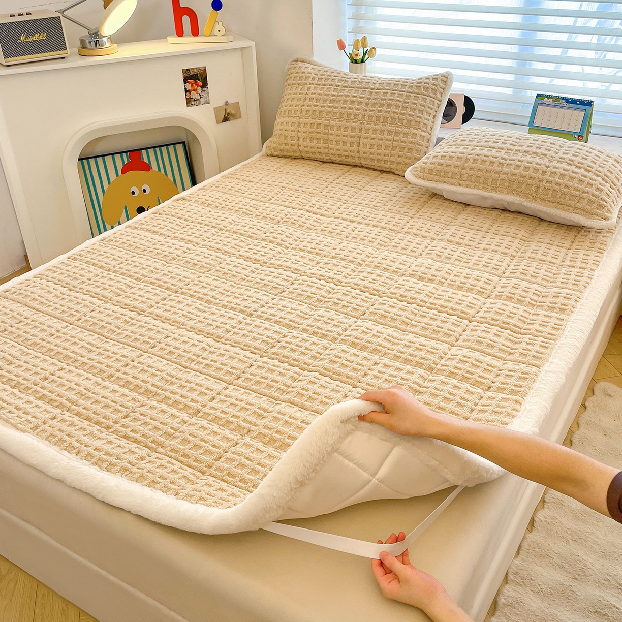 91家纺网 家纺一手货源 找家纺 予梦家纺 2025新款加厚塔芙绒床垫床褥床护垫（带卖点图和买家秀） 华夫格 卡其