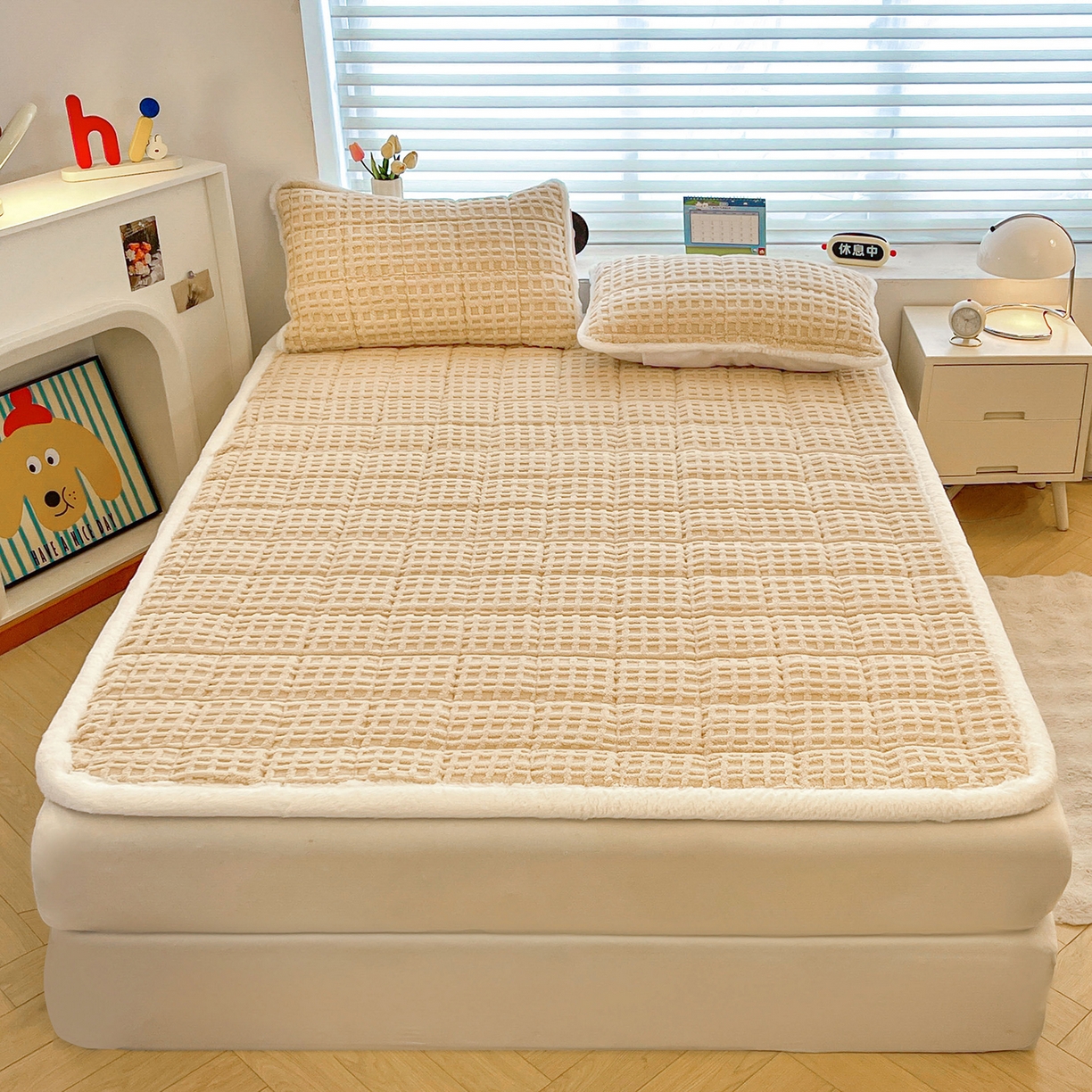 91家纺网 家纺一手货源 找家纺 予梦家纺 2025新款加厚塔芙绒床垫床褥床护垫（带卖点图和买家秀） 华夫格 卡其