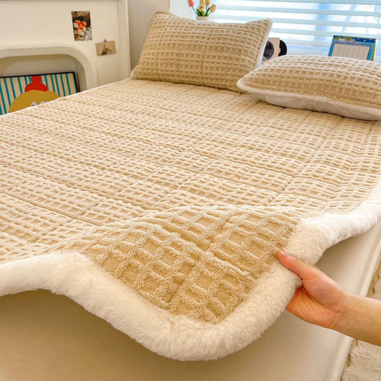 91家纺网 家纺一手货源 找家纺 予梦家纺 2025新款加厚塔芙绒床垫床褥床护垫（带卖点图和买家秀） 华夫格 卡其