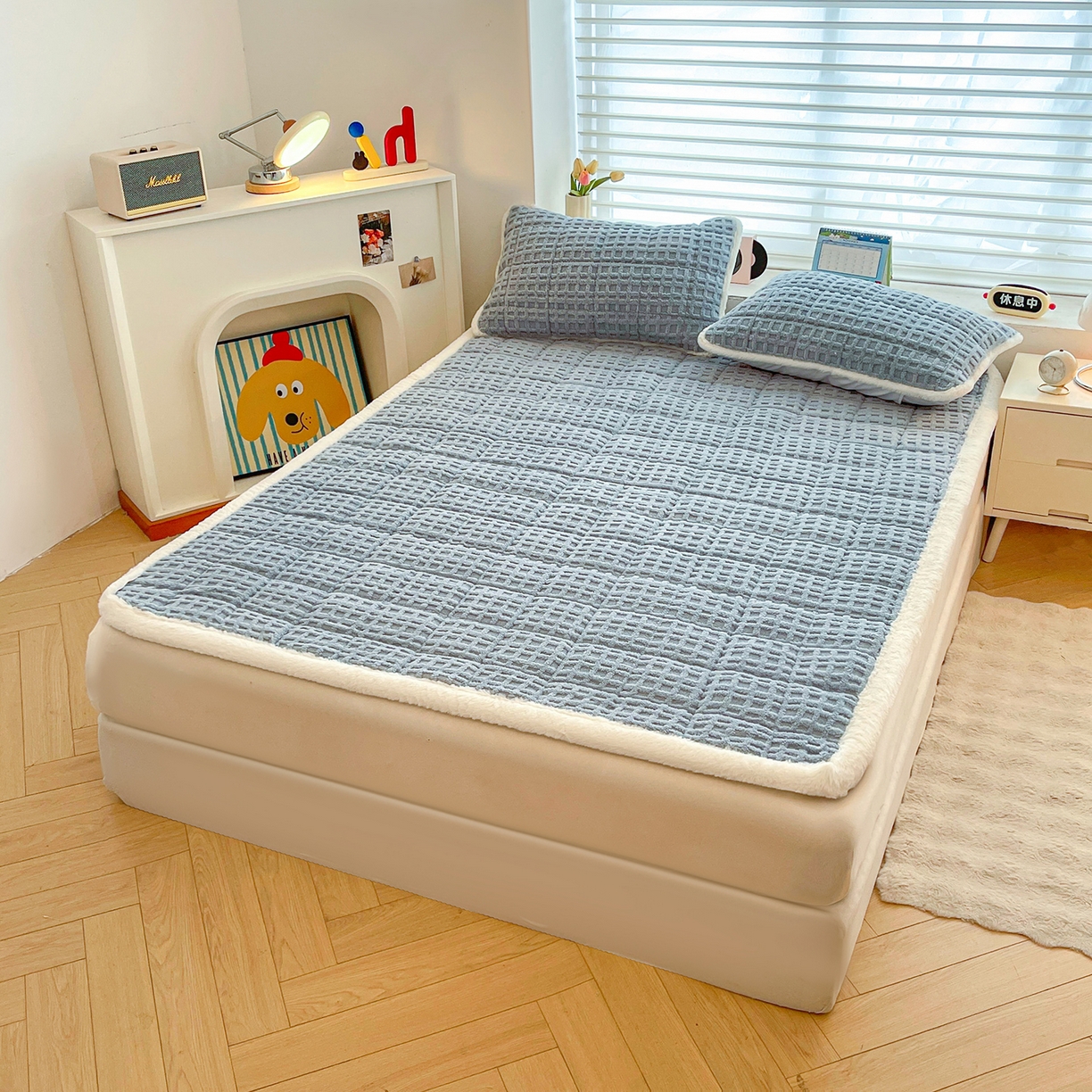 91家纺网 家纺一手货源 找家纺 予梦家纺 2025新款加厚塔芙绒床垫床褥床护垫（带卖点图和买家秀） 华夫格 苍蓝