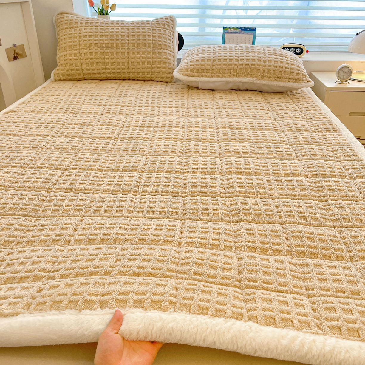 予梦家纺 2025新款加厚塔芙绒床垫床褥床护垫（带卖点图和买家秀） 华夫格 卡其