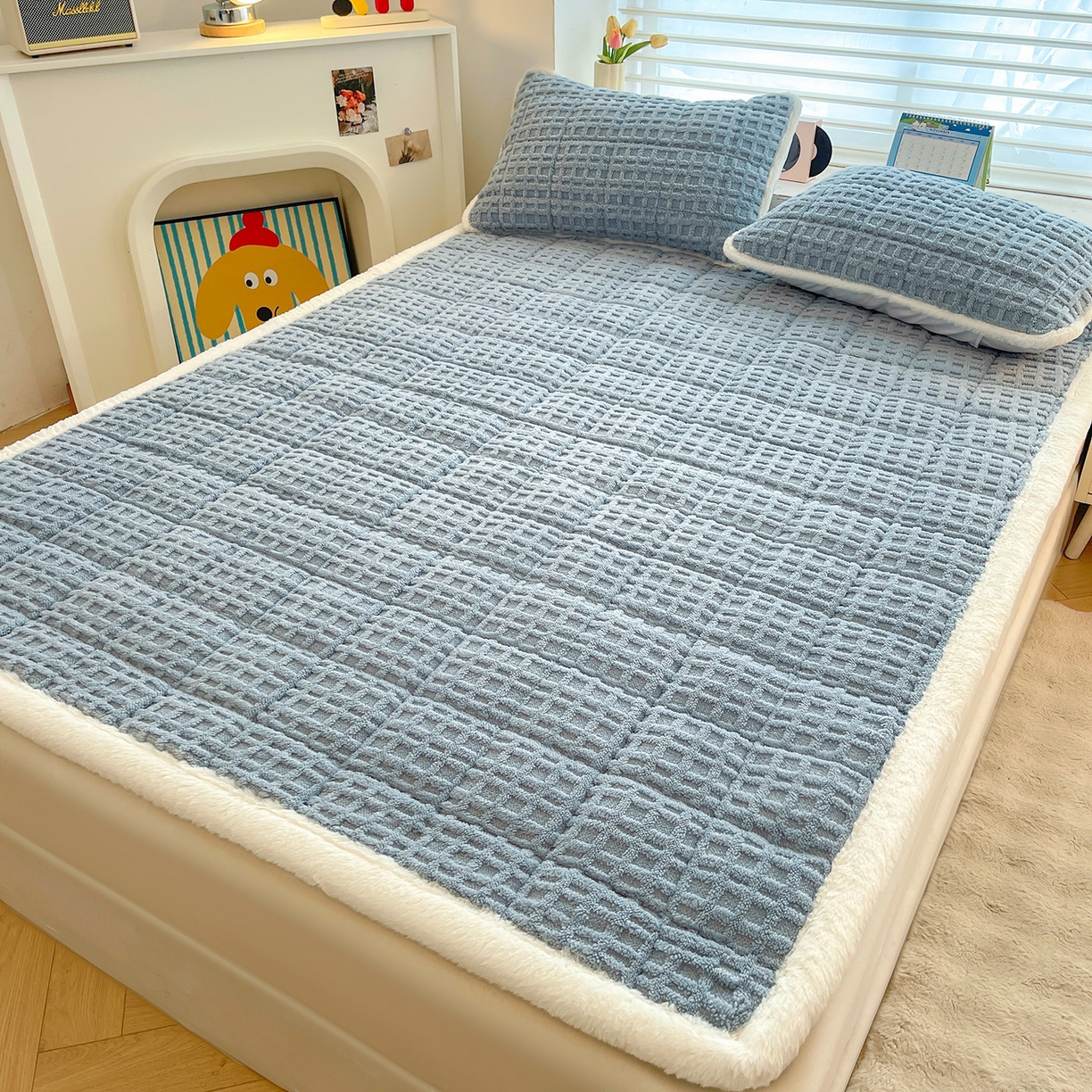 91家纺网 家纺一手货源 找家纺 予梦家纺 2025新款加厚塔芙绒床垫床褥床护垫（带卖点图和买家秀） 华夫格 苍蓝