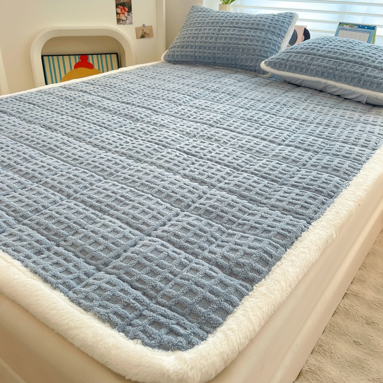 91家纺网 家纺一手货源 找家纺 予梦家纺 2025新款加厚塔芙绒床垫床褥床护垫（带卖点图和买家秀） 华夫格 苍蓝