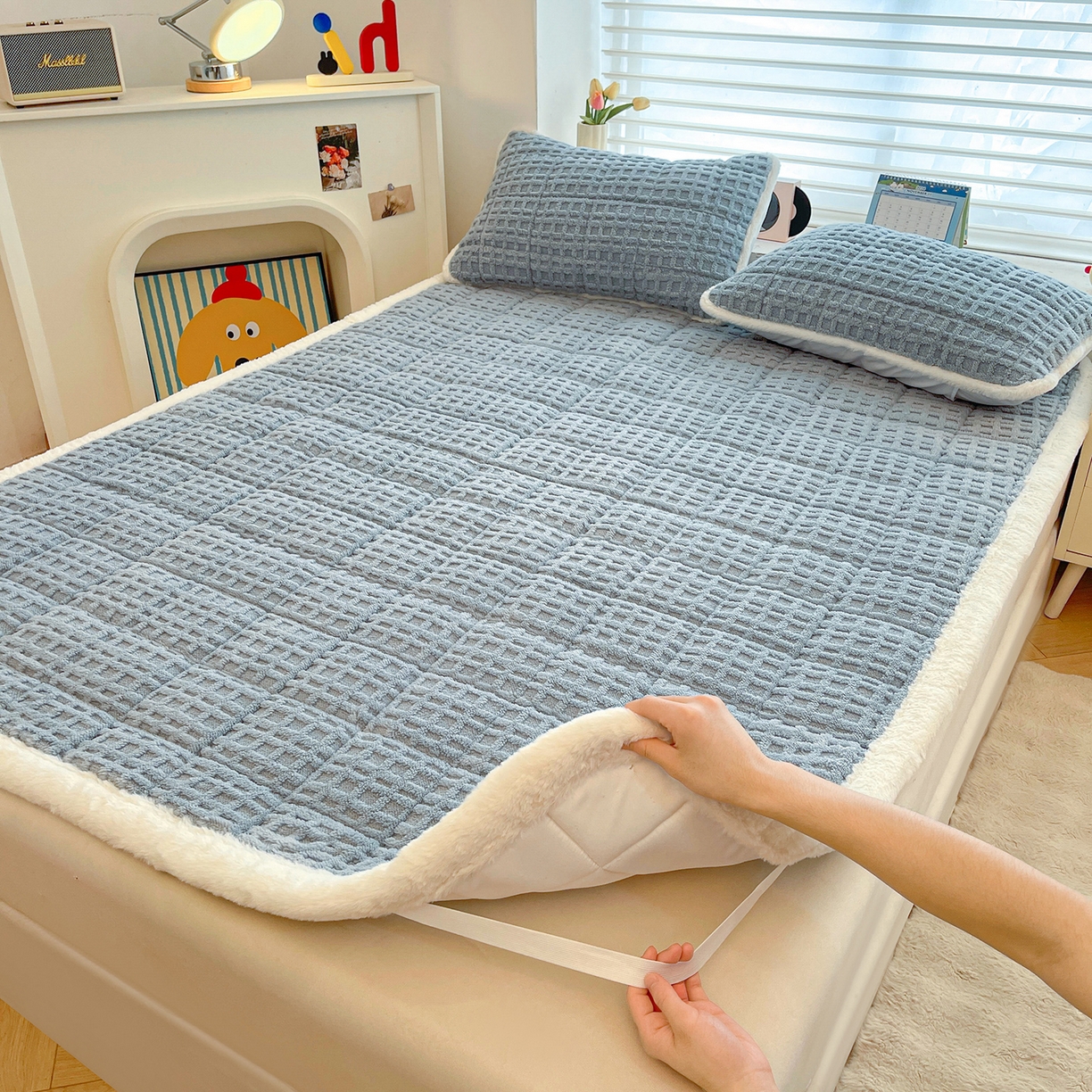 91家纺网 家纺一手货源 找家纺 予梦家纺 2025新款加厚塔芙绒床垫床褥床护垫（带卖点图和买家秀） 华夫格 苍蓝