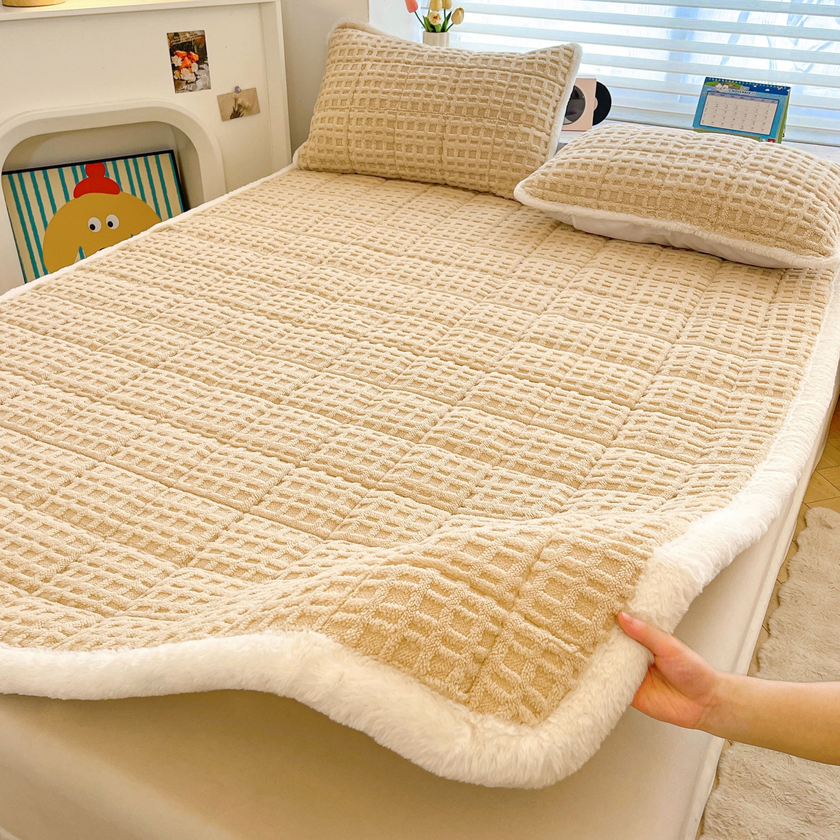 91家纺网 家纺一手货源 找家纺 予梦家纺 2025新款加厚塔芙绒床垫床褥床护垫（带卖点图和买家秀） 华夫格 卡其