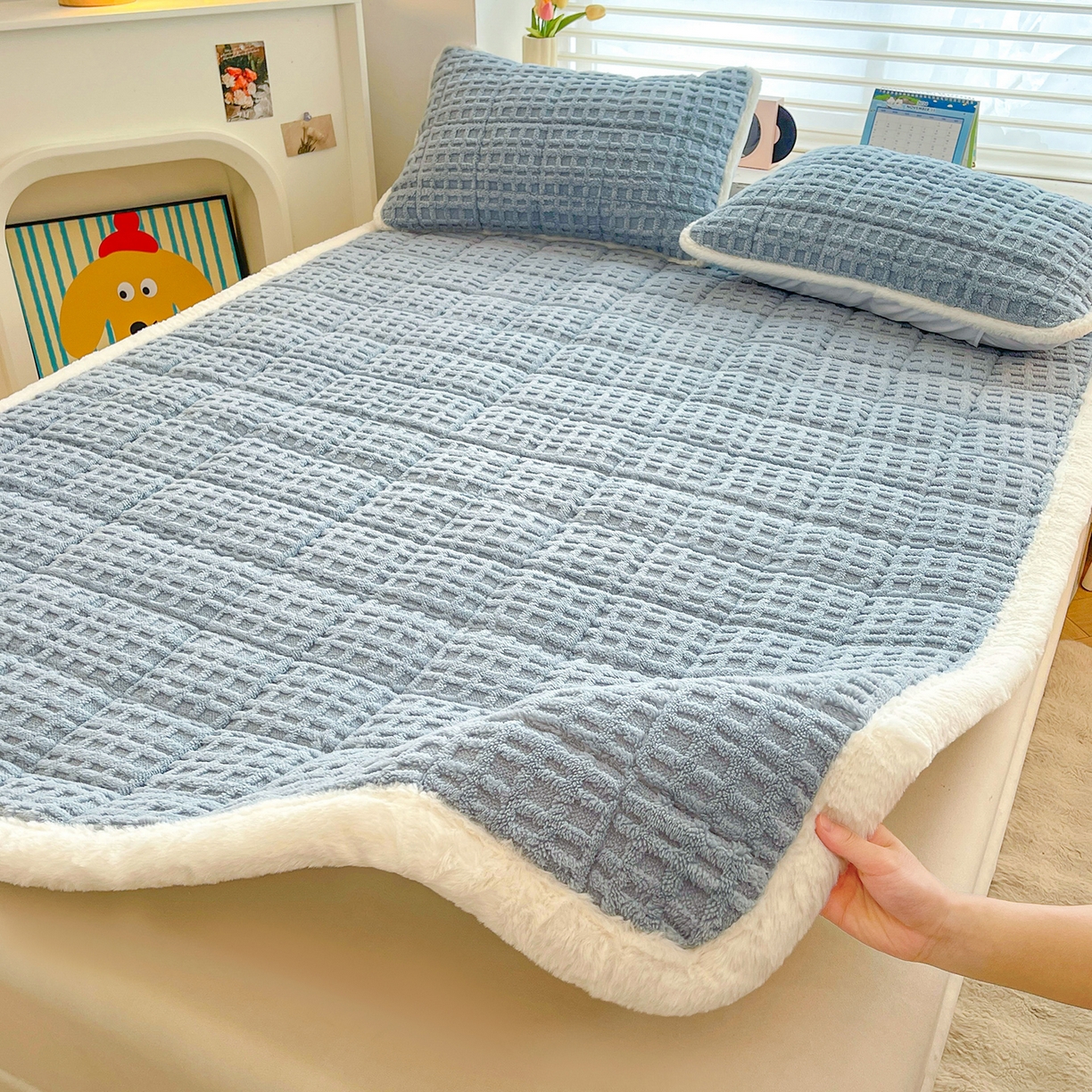 91家纺网 家纺一手货源 找家纺 予梦家纺 2025新款加厚塔芙绒床垫床褥床护垫（带卖点图和买家秀） 华夫格 苍蓝