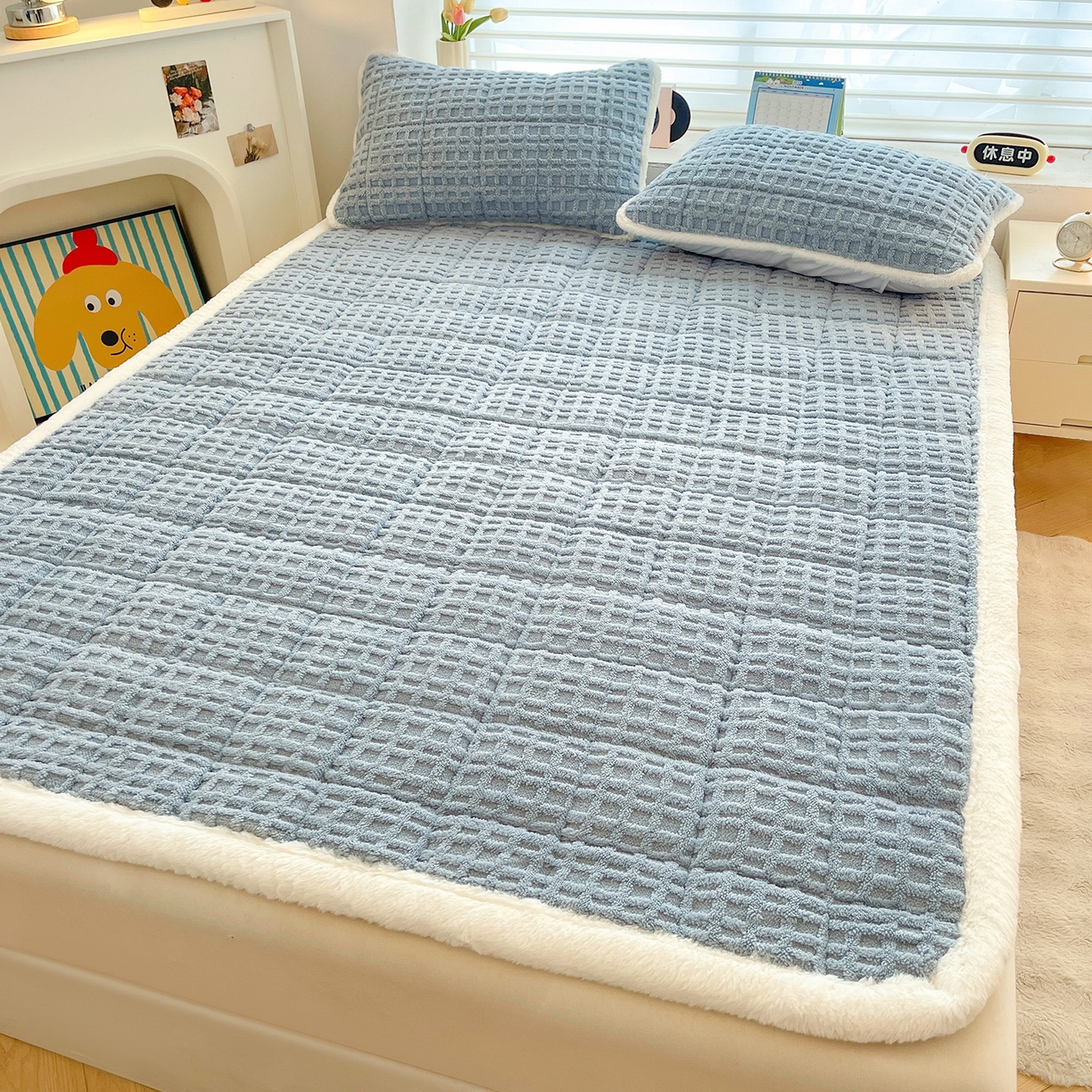 91家纺网 家纺一手货源 找家纺 予梦家纺 2025新款加厚塔芙绒床垫床褥床护垫（带卖点图和买家秀） 华夫格 苍蓝