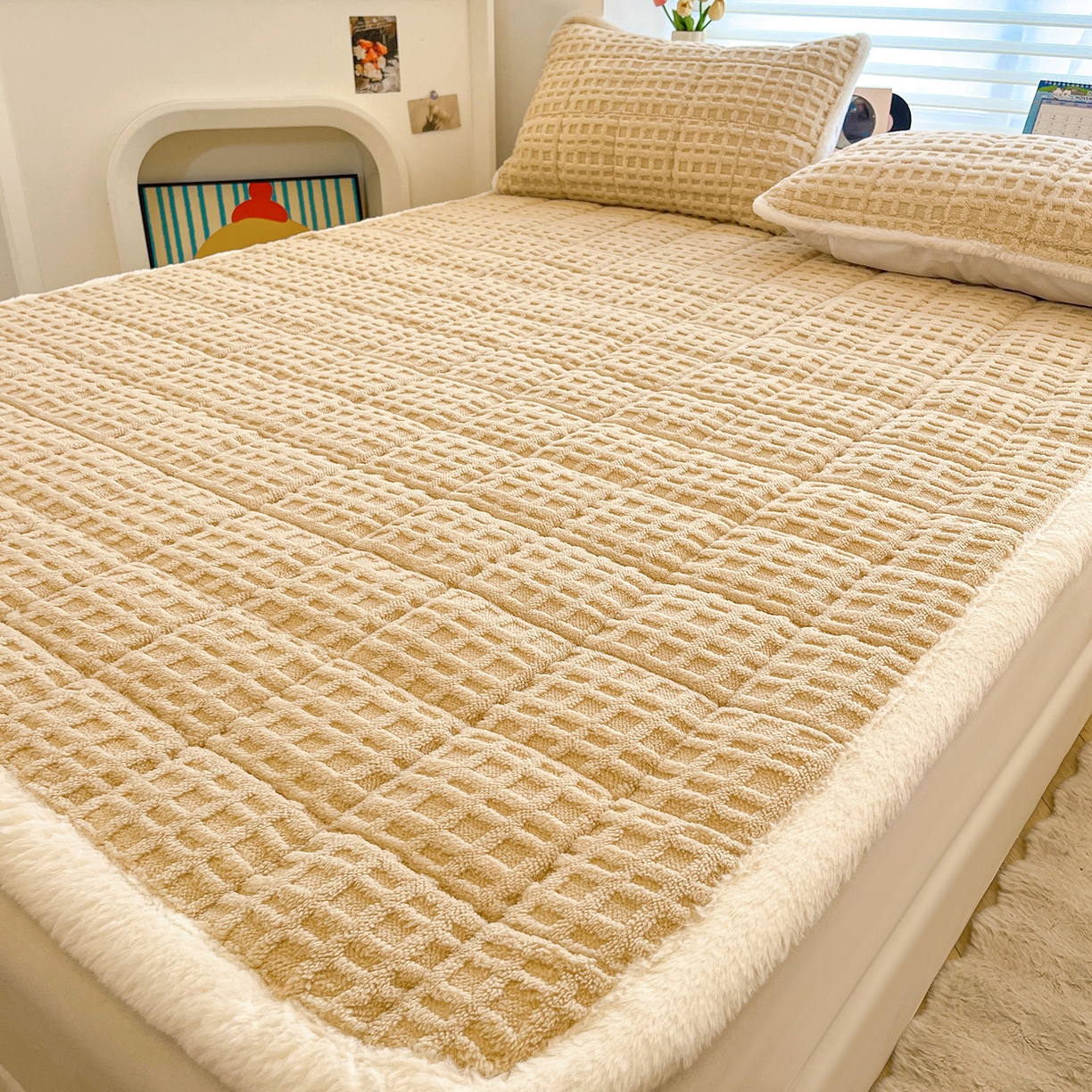 91家纺网 家纺一手货源 找家纺 予梦家纺 2025新款加厚塔芙绒床垫床褥床护垫（带卖点图和买家秀） 华夫格 卡其