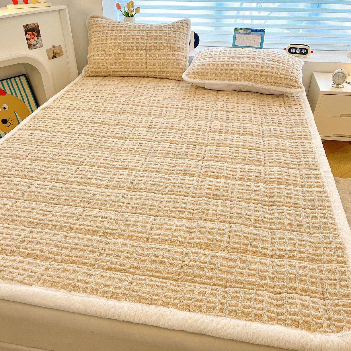 91家纺网 家纺一手货源 找家纺 予梦家纺 2025新款加厚塔芙绒床垫床褥床护垫（带卖点图和买家秀） 华夫格 卡其