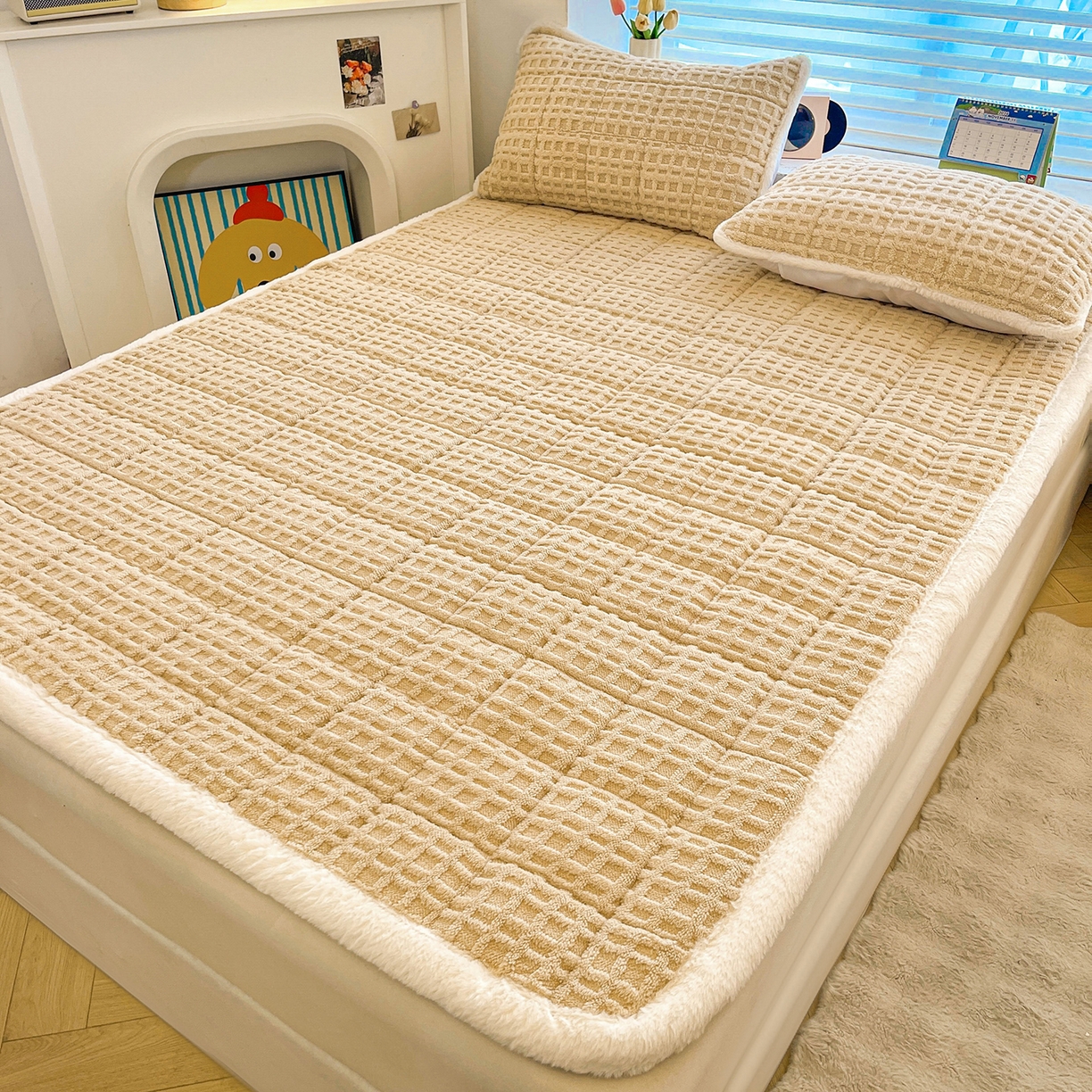 91家纺网 家纺一手货源 找家纺 予梦家纺 2025新款加厚塔芙绒床垫床褥床护垫（带卖点图和买家秀） 华夫格 卡其