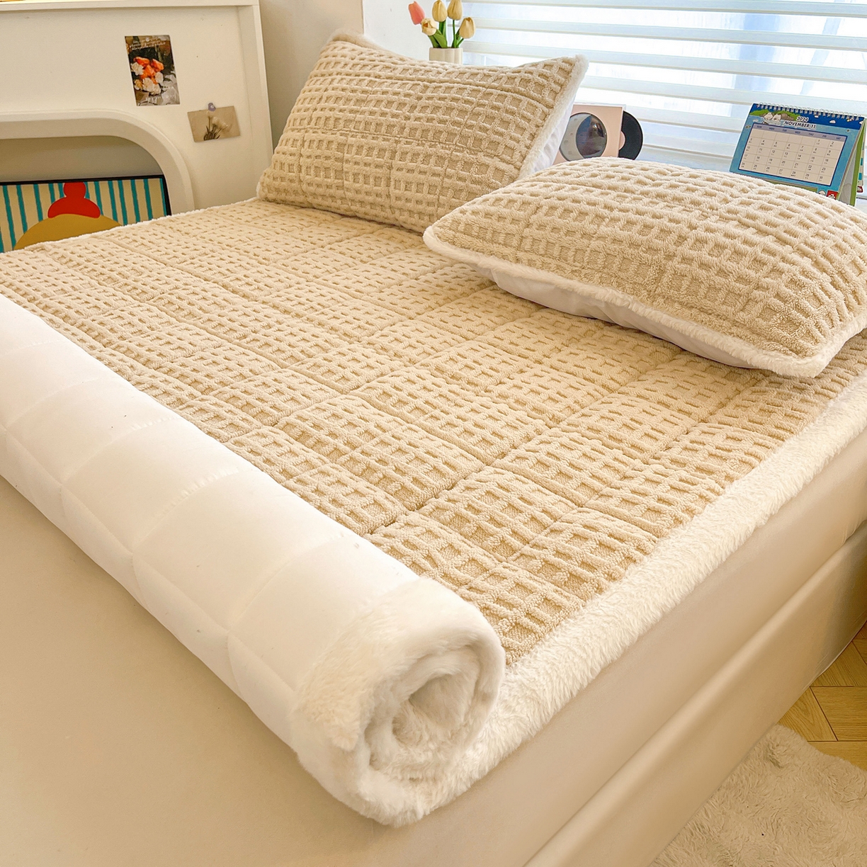 91家纺网 家纺一手货源 找家纺 予梦家纺 2025新款加厚塔芙绒床垫床褥床护垫（带卖点图和买家秀） 华夫格 卡其