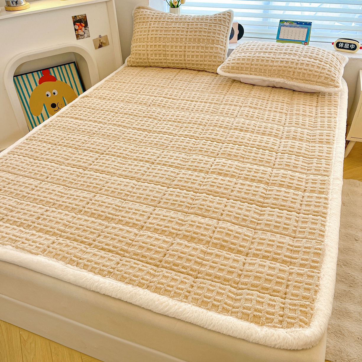 91家纺网 家纺一手货源 找家纺 予梦家纺 2025新款加厚塔芙绒床垫床褥床护垫（带卖点图和买家秀） 华夫格 卡其