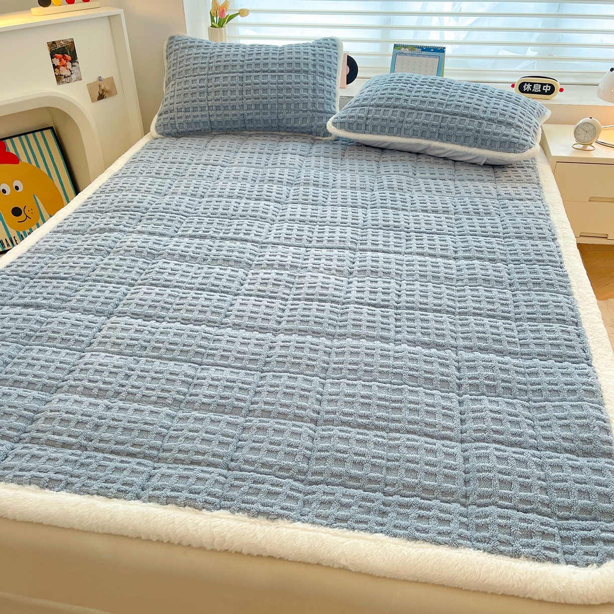 91家纺网 家纺一手货源 找家纺 予梦家纺 2025新款加厚塔芙绒床垫床褥床护垫（带卖点图和买家秀） 华夫格 苍蓝