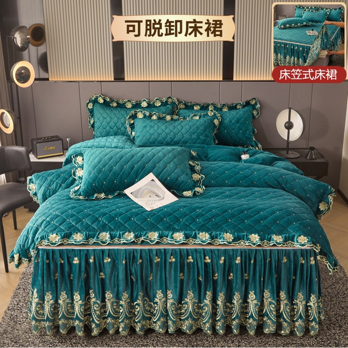 91家纺网 家纺一手货源 找家纺 罗艺轩 2025新款婴儿绒加厚保暖床裙式四件套-心语 心语-翡翠绿