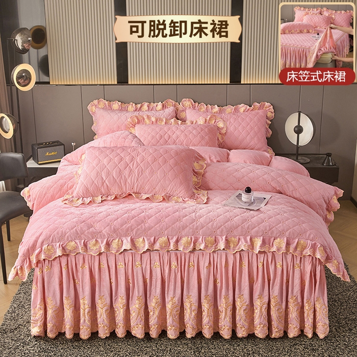 91家纺网 家纺一手货源 找家纺 罗艺轩 2025新款婴儿绒加厚保暖床裙式四件套-心语 心语-樱花粉