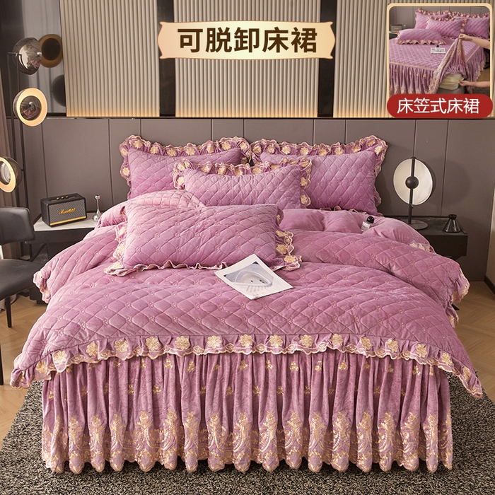 91家纺网 家纺一手货源 找家纺 罗艺轩 2025新款婴儿绒加厚保暖床裙式四件套-心语 心语-紫色
