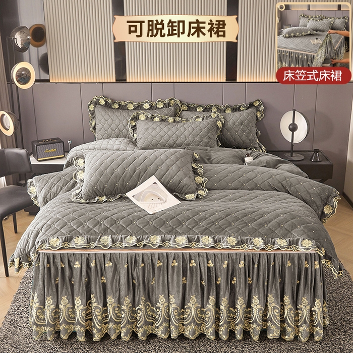 91家纺网 家纺一手货源 找家纺 罗艺轩 2025新款婴儿绒加厚保暖床裙式四件套-心语 心语-高级灰