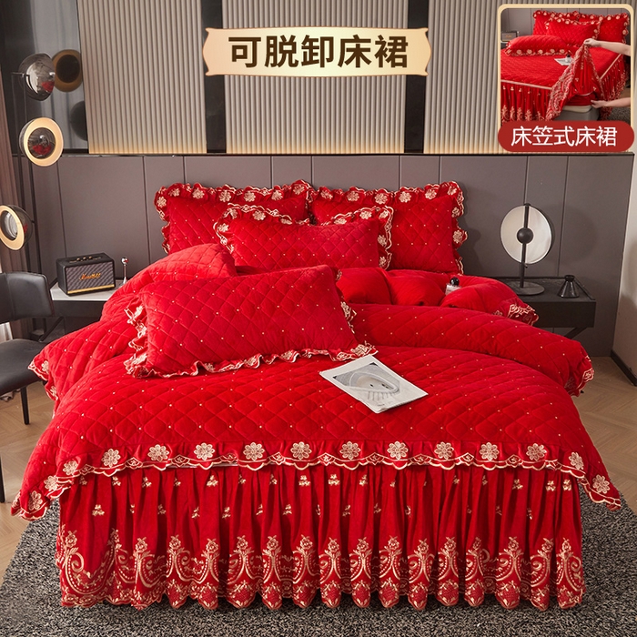 91家纺网 家纺一手货源 找家纺 罗艺轩 2025新款婴儿绒加厚保暖床裙式四件套-心语 心语-大红