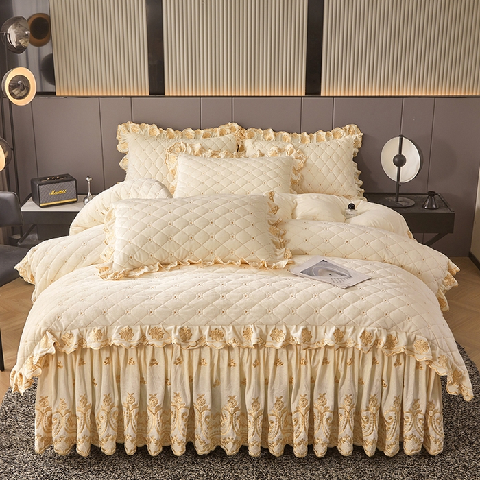 91家纺网 家纺一手货源 找家纺 罗艺轩 2025新款婴儿绒加厚保暖床裙式四件套-心语 心语-奶昔