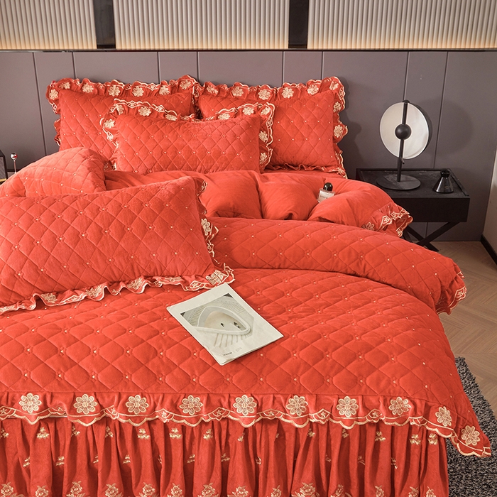 91家纺网 家纺一手货源 找家纺 罗艺轩 2025新款婴儿绒加厚保暖床裙式四件套-心语 心语-艾玛橙