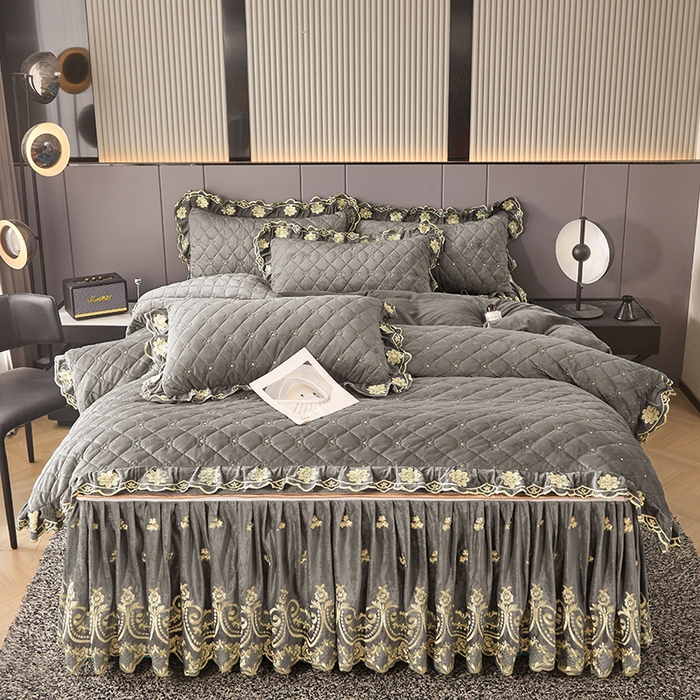 91家纺网 家纺一手货源 找家纺 罗艺轩 2025新款婴儿绒加厚保暖床裙式四件套-心语 心语-高级灰