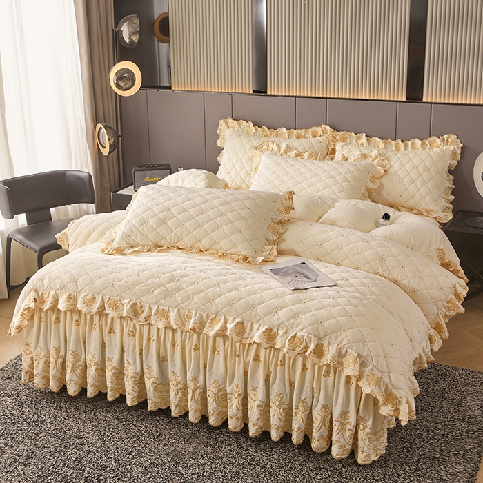 91家纺网 家纺一手货源 找家纺 罗艺轩 2025新款婴儿绒加厚保暖床裙式四件套-心语 心语-奶昔