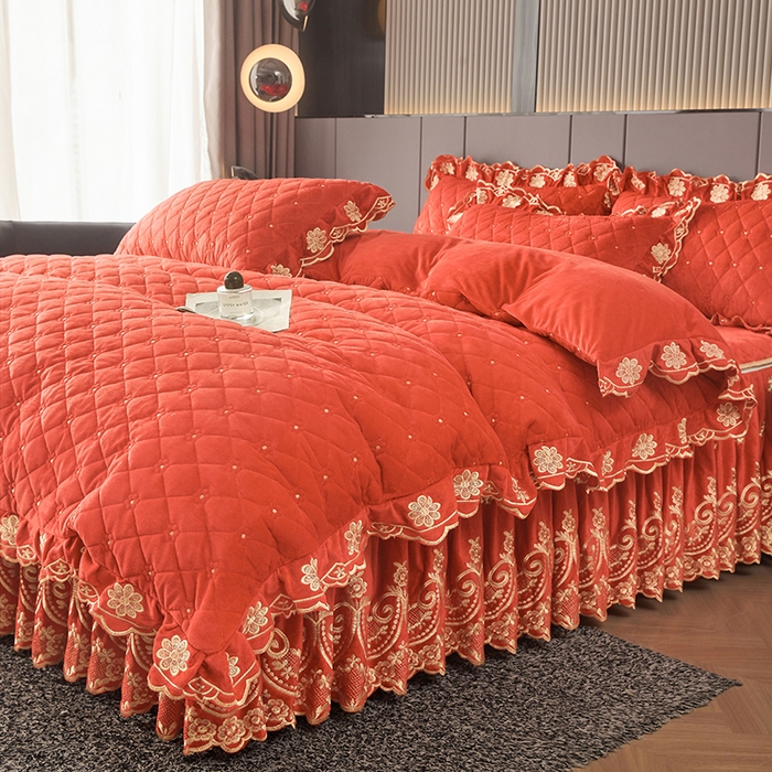 91家纺网 家纺一手货源 找家纺 罗艺轩 2025新款婴儿绒加厚保暖床裙式四件套-心语 心语-艾玛橙