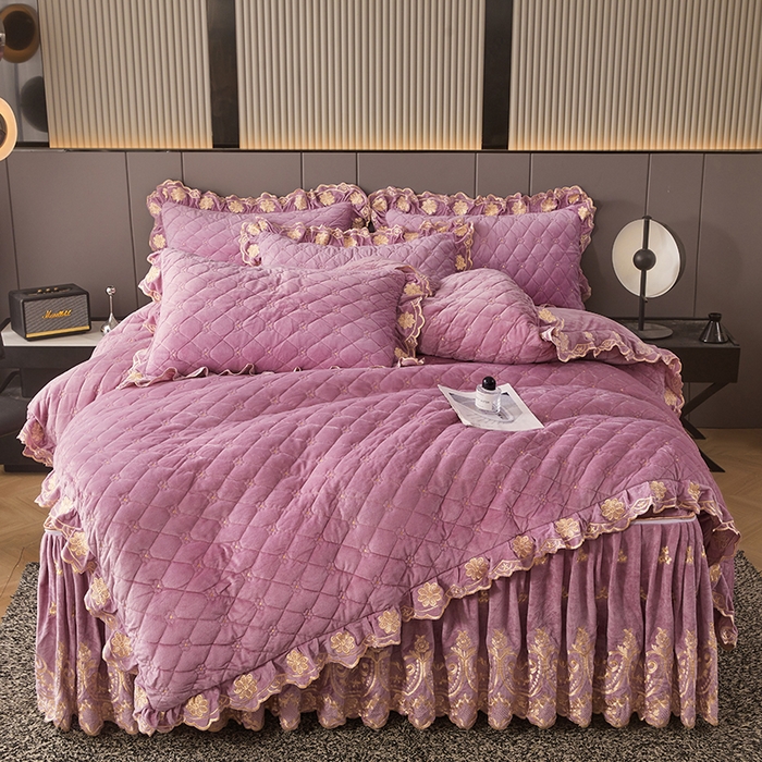 91家纺网 家纺一手货源 找家纺 罗艺轩 2025新款婴儿绒加厚保暖床裙式四件套-心语 心语-紫色