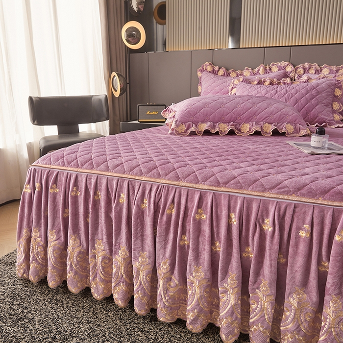 91家纺网 家纺一手货源 找家纺 罗艺轩 2025新款婴儿绒加厚保暖床裙式四件套-心语 心语-紫色