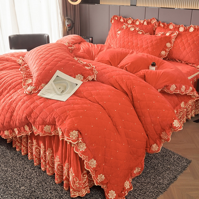 91家纺网 家纺一手货源 找家纺 罗艺轩 2025新款婴儿绒加厚保暖床裙式四件套-心语 心语-艾玛橙