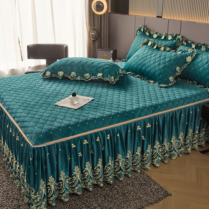 91家纺网 家纺一手货源 找家纺 罗艺轩 2025新款婴儿绒加厚保暖床裙式四件套-心语 心语-翡翠绿