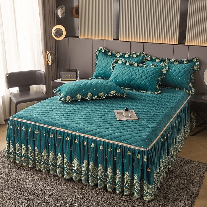 91家纺网 家纺一手货源 找家纺 罗艺轩 2025新款婴儿绒加厚保暖床裙式四件套-心语 心语-翡翠绿