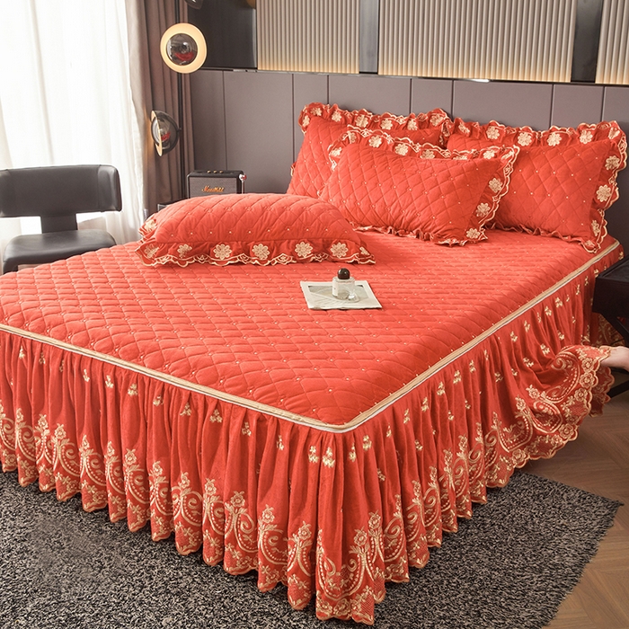 91家纺网 家纺一手货源 找家纺 罗艺轩 2025新款婴儿绒加厚保暖床裙式四件套-心语 心语-艾玛橙