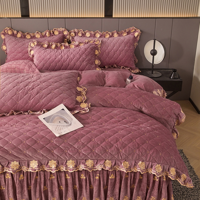 91家纺网 家纺一手货源 找家纺 罗艺轩 2025新款婴儿绒加厚保暖床裙式四件套-心语 心语-豆沙