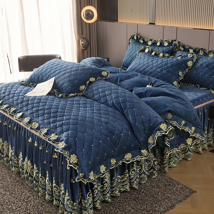 91家纺网 家纺一手货源 找家纺 罗艺轩 2025新款婴儿绒加厚保暖床裙式四件套-心语 心语-宝蓝