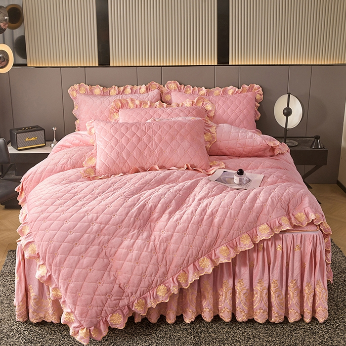 91家纺网 家纺一手货源 找家纺 罗艺轩 2025新款婴儿绒加厚保暖床裙式四件套-心语 心语-樱花粉