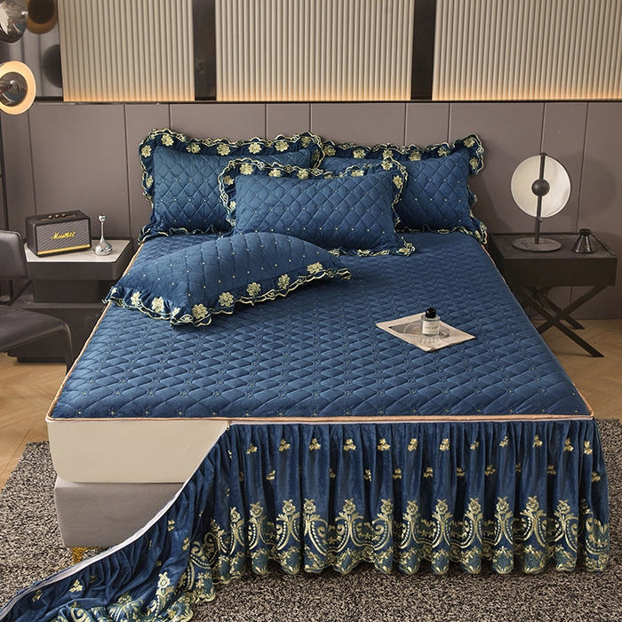 91家纺网 家纺一手货源 找家纺 罗艺轩 2025新款婴儿绒加厚保暖床裙式四件套-心语 心语-宝蓝