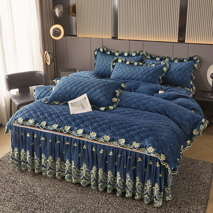 91家纺网 家纺一手货源 找家纺 罗艺轩 2025新款婴儿绒加厚保暖床裙式四件套-心语 心语-宝蓝