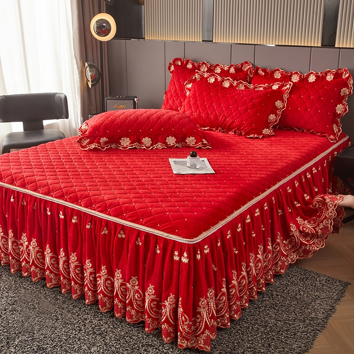 91家纺网 家纺一手货源 找家纺 罗艺轩 2025新款婴儿绒加厚保暖床裙式四件套-心语 心语-大红