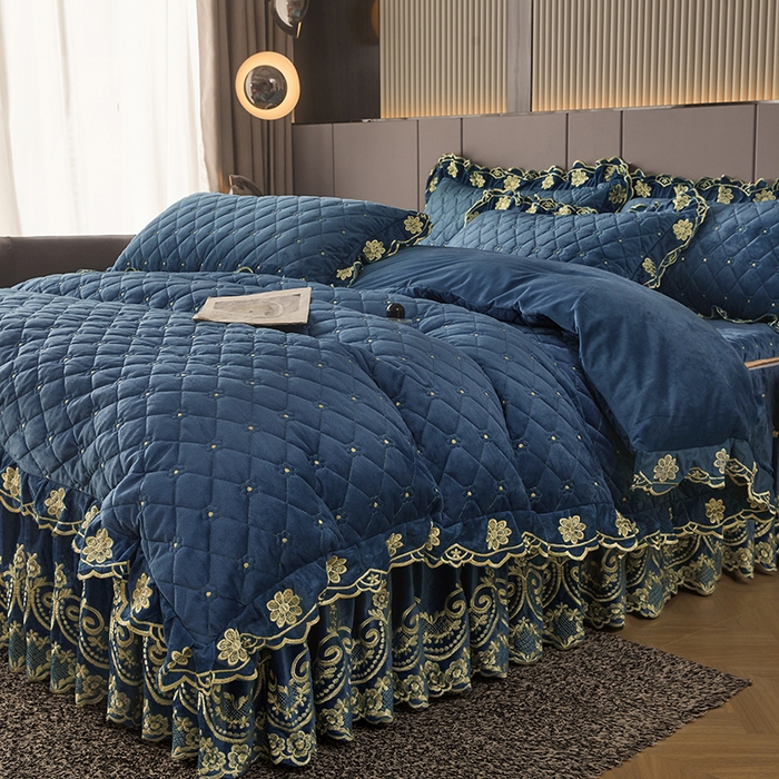 91家纺网 家纺一手货源 找家纺 罗艺轩 2025新款婴儿绒加厚保暖床裙式四件套-心语 心语-宝蓝