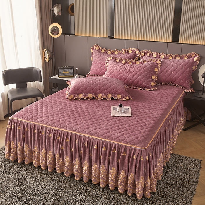 91家纺网 家纺一手货源 找家纺 罗艺轩 2025新款婴儿绒加厚保暖床裙式四件套-心语 心语-豆沙