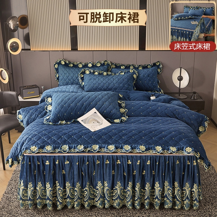 91家纺网 家纺一手货源 找家纺 罗艺轩 2025新款婴儿绒加厚保暖床裙式四件套-心语 心语-宝蓝