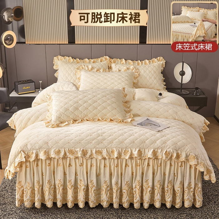 91家纺网 家纺一手货源 找家纺 罗艺轩 2025新款婴儿绒加厚保暖床裙式四件套-心语 心语-奶昔